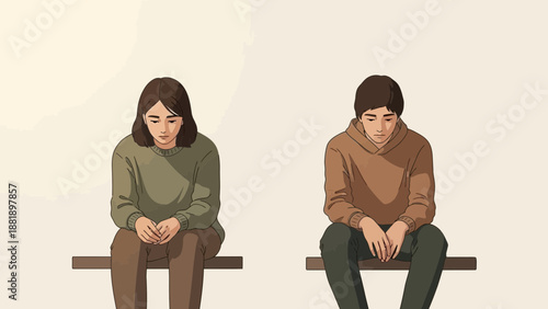 Deeply saddened man and woman sitting apart, each lost in solitary thoughts on a bench, illustrating themes of emotional distance, loneliness, and introspective melancholy