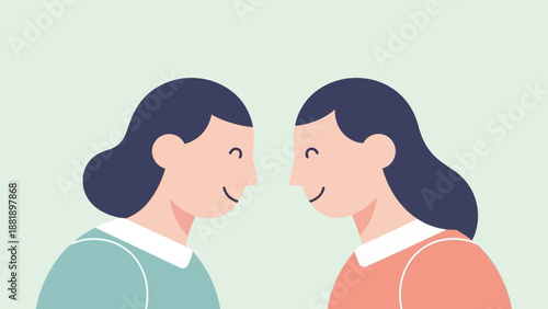 Illustration of two young women with similar hairstyles, looking at each other with gentle smiles, representing friendship and connection
