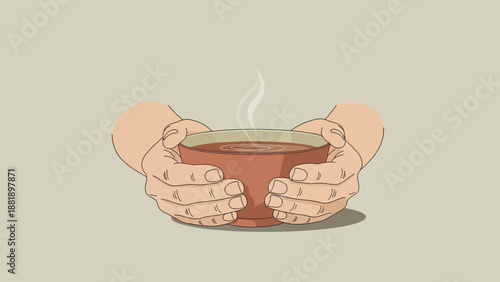 Caring hands offering warmth and comfort, gently holding a steaming cup, an emblem of coziness and the soothing embrace of a hot beverage or soup