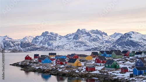 Wallpaper Mural Scenic Aerial View of Colorful Houses in a Remote Greenland Arctic Village with Snow-Capped Mountains at Dusk Torontodigital.ca