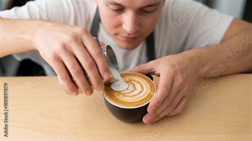 Wallpaper Mural Close-up of a professional male barista pouring steamed milk to create intricate latte art in a ceramic cup at a modern coffee shop. Torontodigital.ca