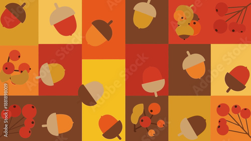 A seamless geometric pattern featuring stylized acorns and berries in warm autumnal colors, perfect for festive backgrounds and seasonal decor