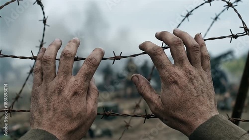 Wallpaper Mural First-person perspective of a soldier's dirty hands gripping a rusted barbed wire fence on a smoky battlefield, symbolizing conflict and captivity Torontodigital.ca