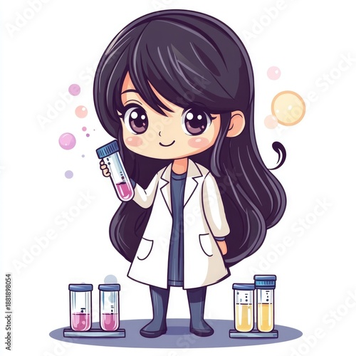 Cute and Kawaii Chibi Style of a Female Scientist or Laboratory Researcher Holding Test Tubes and Standing in a White Background with Various Lab Equipment and Apparatus
