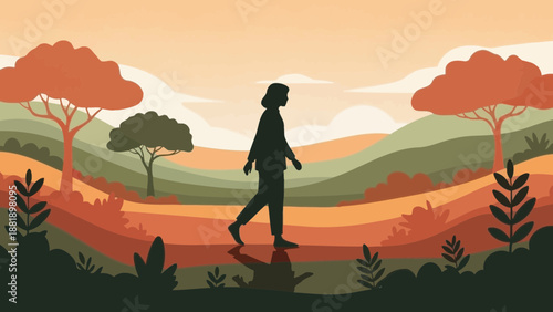 A lone silhouette embarks on a peaceful walk through a beautifully illustrated, colorful natural landscape under a glowing sky, symbolizing mindfulness and personal journey