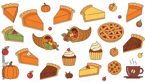 A delightful collection of Thanksgiving pies, cookies, cupcakes, and coffee for a festive celebration