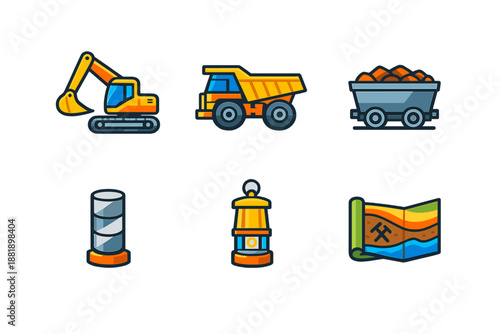Construction equipment and tools are displayed in simple designs