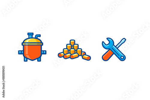 Mixing tank with pellets and tools for manufacturing process in