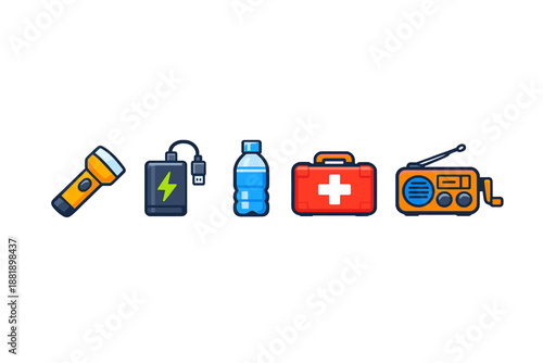 Emergency supply items include flashlight charger water bottle first
