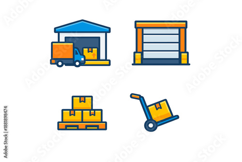 Delivery process involves truck warehouse boxes and hand cart for