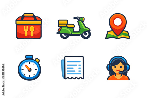 Icons of delivery service tools and activities in simple design for