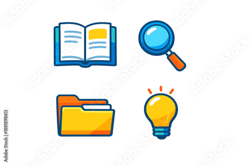 Educational symbols showing a book magnifying glass folder and light