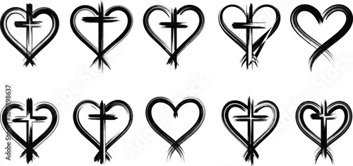 Heart Cross Faith Christian Religion Spiritual Symbol Symbols Brush Ink Grunge Sketch Handdrawn Illustration Set Collection Black Monochrome Minimal Tattoo