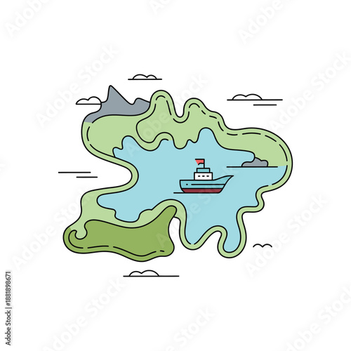 Stylized Green Island Map With Small Ship Sailing In Blue Water Vector Illustration