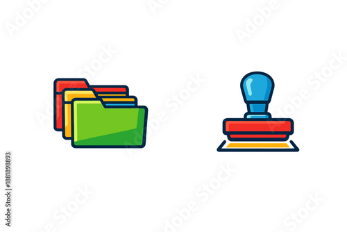 Colored folders and a round stamp are shown on a white background for