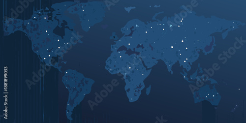 a blue world map with white dots on a dark background