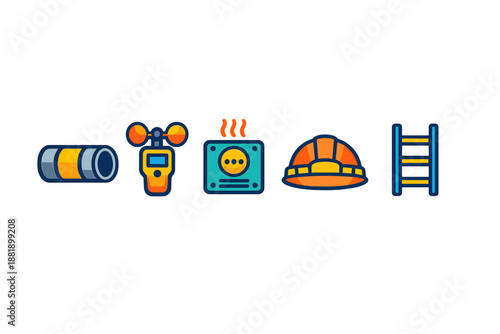 Construction tools and safety equipment arranged on a white background