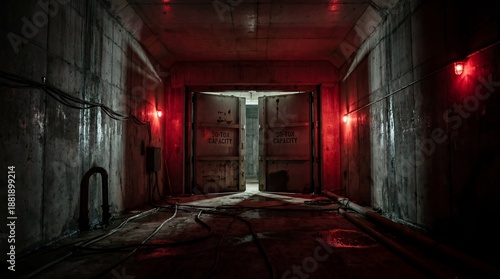 High security underground concrete bunker hallway with red emergency lights and blast doors.