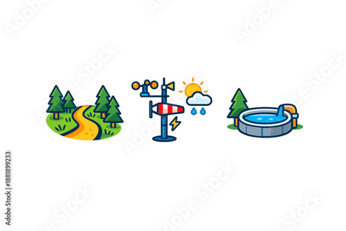 Weather station in forest area showing sunny and rainy conditions near