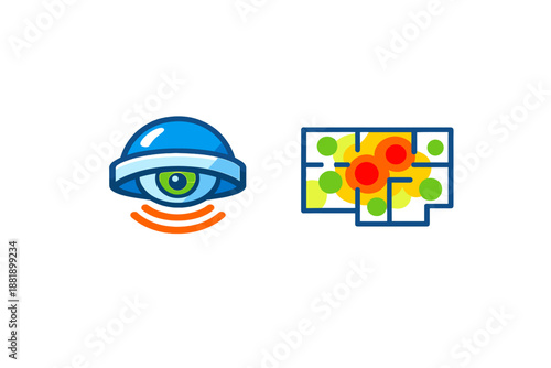 Graphic showing a surveillance eye symbol and a heat map design with