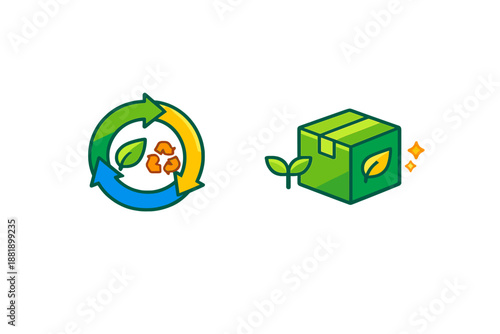Design showing recycling symbol and eco-friendly package with green