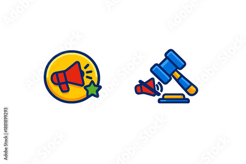 Loudspeaker and gavel icons symbolizing communication and law in a