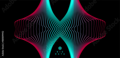Big Data. Abstract digital form. Sound wave of deformed bands. Branched structure of multiple lines. Energy flow. Scientific illustration. Vector for brochure, poster, cover, flyer, or banner.