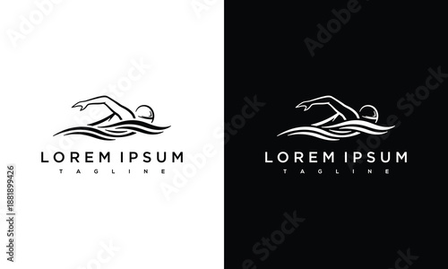 Swimmers in action, depicted in a stylized logo on contrasting backgrounds, showcasing fluid motion and dynamic illustration