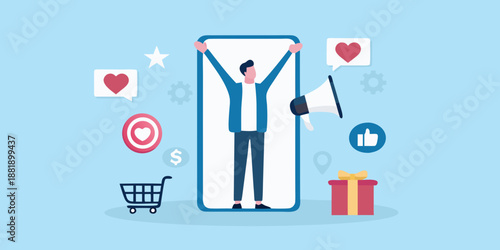 Man celebrating success through social media engagement on smartphone screen