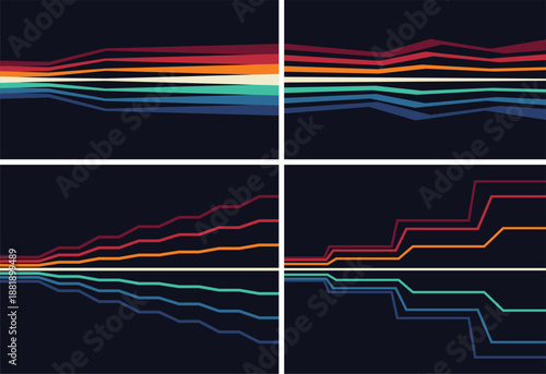 A sound wave or audio signal. An equalizer scale for recording or playback. A multitude of rays of the rainbow spectrum. Threads or fibers. Vector for brochure, banner, cover, flyer or presentation.