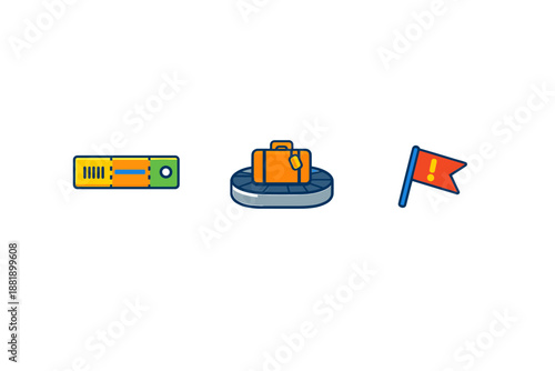 Luggage arrives at baggage claim area with suitcase and warning flag