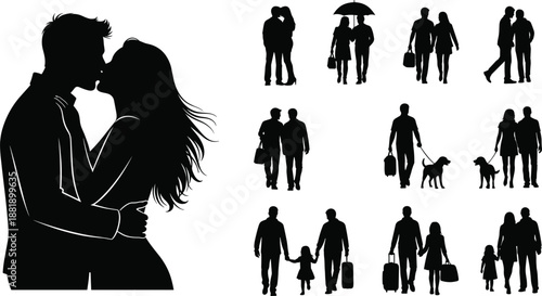 Love Couple Romance Silhouette Kissing Relationship Togetherness Family Bonding Walking Travel Umbrella Dog Parents Child Affection Intimacy Lifestyle People Emotion Connection Dating Hugging