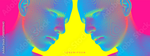 People facing each other. Digital head. Dialogue, contact, conversational exchange between two individuals. Voxel art. 3D vector illustration for a banner, poster, cover, or brochure.