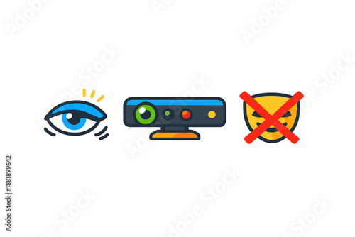 Eye symbol camera device and crossed-out smiley face convey messages