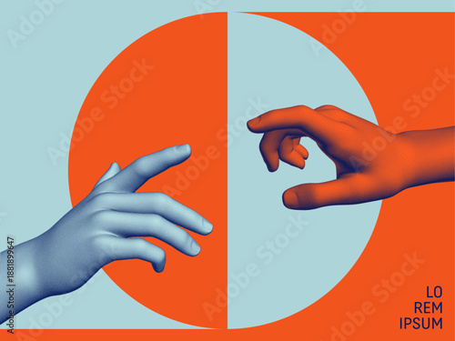 Hands reaching towards each other. Concept of human relation, togetherness or  partnership. 3D vector illustration. Design for banner, flyer, poster, cover or brochure.