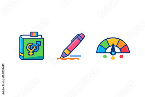Icons showing gender symbols a pen and a gauge illustrating topics