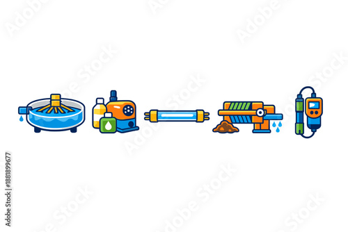 Process of water purification with equipment showing filtration