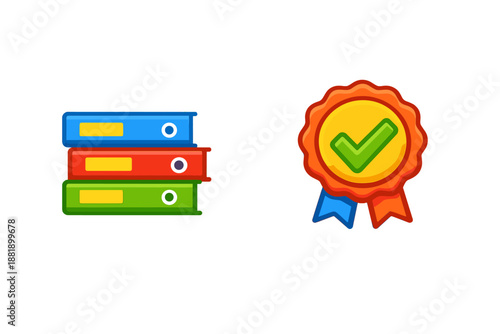 Colorful binders and a certification badge on a white background show