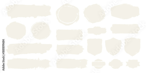 Collection of hand-drawn brush stroke shapes and badges for design elements isolated on white background