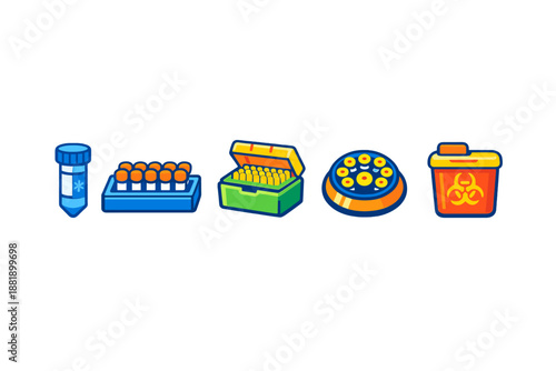 Medical lab supplies including test tubes specimen containers and