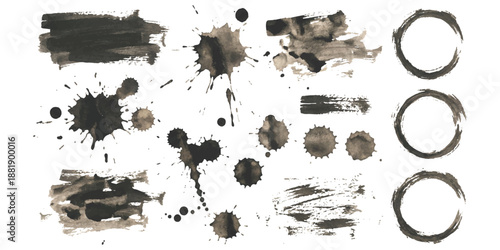 Collection of black ink splatters, brush strokes, and circular stains isolated on white background