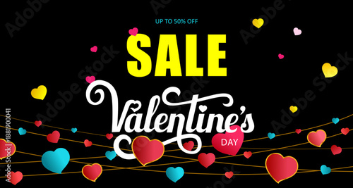 sale.  Valentine day.  Red, blue and pink hearts and text Sale Valentine's day on black background. Vector illustration.