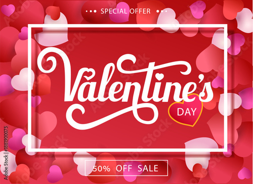 sale.  Valentine day.  Red and pink hearts and text Sale Valentine's day on background. Vector illustration.