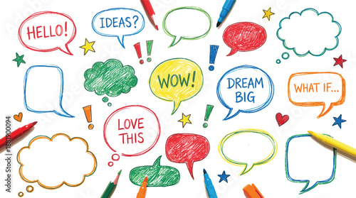 Colorful vector illustration of playful speech bubbles with motivational phrases, stars, pencils, and creative decorative elements