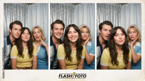 Group of friends posing playfully in photo booth with smiles  