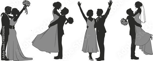 Wedding Bride Groom Couple Silhouette Love Romance Marriage Celebration Ceremony Dance Kiss Hug Bouquet Veil Romantic Elegant People Set Collection Black