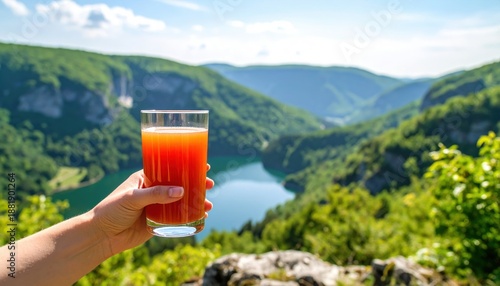 Hand Holding Refreshing Orange Juice Glass With Serene Lake and Green Mountain Landscape Background on a Sunny Day