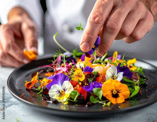 Chef Garnishes Vibrant Edible Flower Salad With Microgreens on Dark Plate With Dramatic Lighting Overhead
