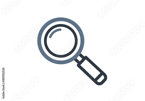 Stylized blue and dark gray magnifying glass icon on a white background