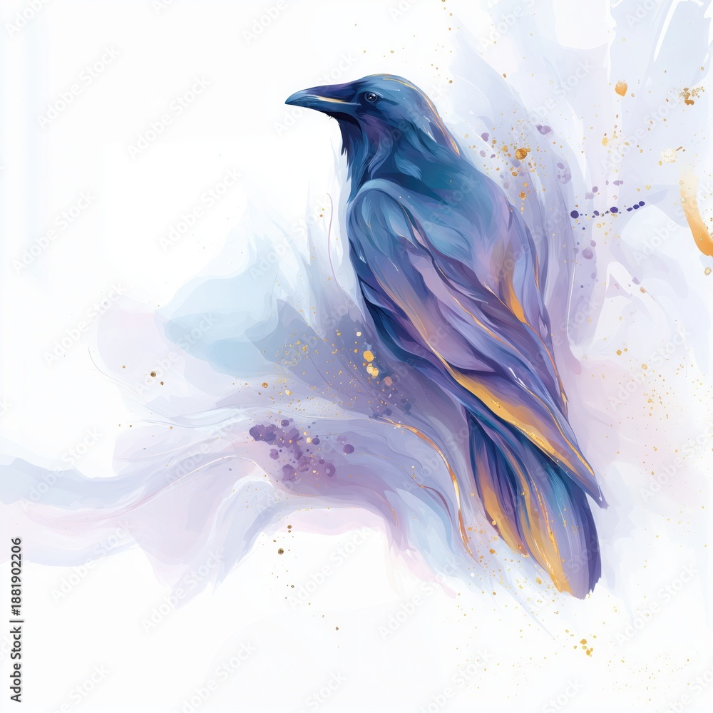Naklejka premium Illustration of raven bird in soft watercolor style with abstract flowing background, elegant artistic wildlife composition, isolated on a white background